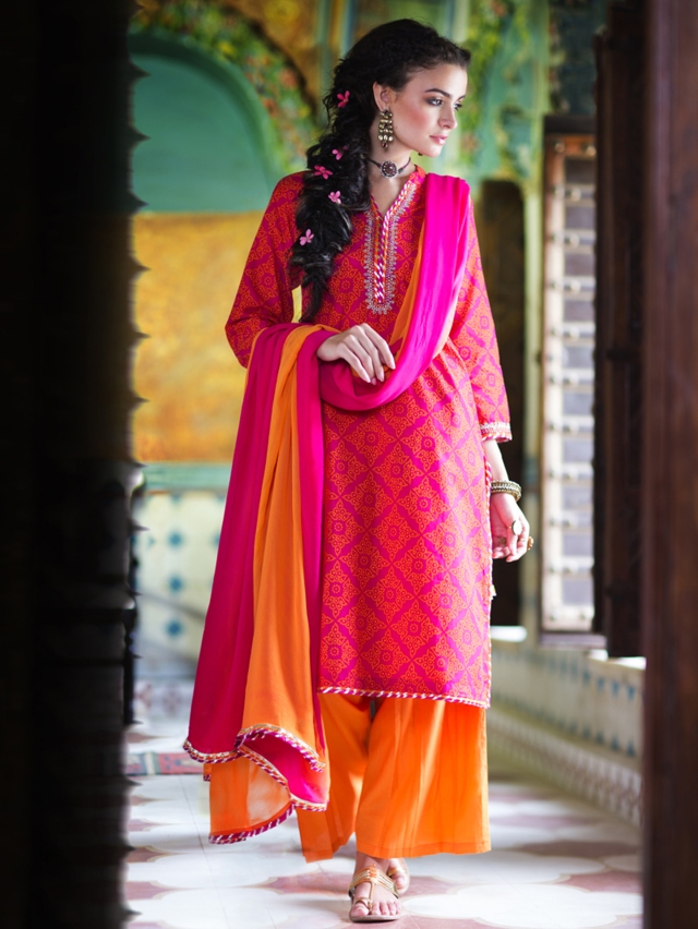 Bandhni print kurta in orange and pink with gota trims and zari embroidery around placket, made in 100% cotton fabric